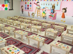 Preschool Classroom Interior With Multiple Drawing Tables & Colorful Drawings On The Wall.